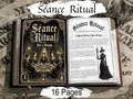 Open 16-page “Séance Ritual” booklet displayed on a rustic table, featuring gothic black-and-white illustrations of a group séance and a witch, with vintage occult-inspired styling throughout.