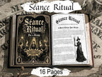 Open 16-page “Séance Ritual” booklet displayed on a rustic table, featuring gothic black-and-white illustrations of a group séance and a witch, with vintage occult-inspired styling throughout.
