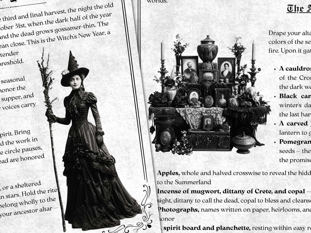 Overlapping gothic book pages featuring ritual text, a Victorian-style witch holding a staff, and an ornate ancestor altar covered with framed portraits, candles, dried flowers, and ceremonial objects.