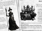 Overlapping gothic book pages featuring ritual text, a Victorian-style witch holding a staff, and an ornate ancestor altar covered with framed portraits, candles, dried flowers, and ceremonial objects.