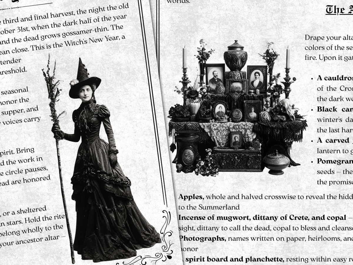 Overlapping gothic book pages featuring ritual text, a Victorian-style witch holding a staff, and an ornate ancestor altar covered with framed portraits, candles, dried flowers, and ceremonial objects.