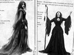 Two-page gothic book spread showing a veiled woman in a dark layered gown and a second woman raising a staff in a ritual pose, surrounded by fragmented ceremonial text and ornate borders.