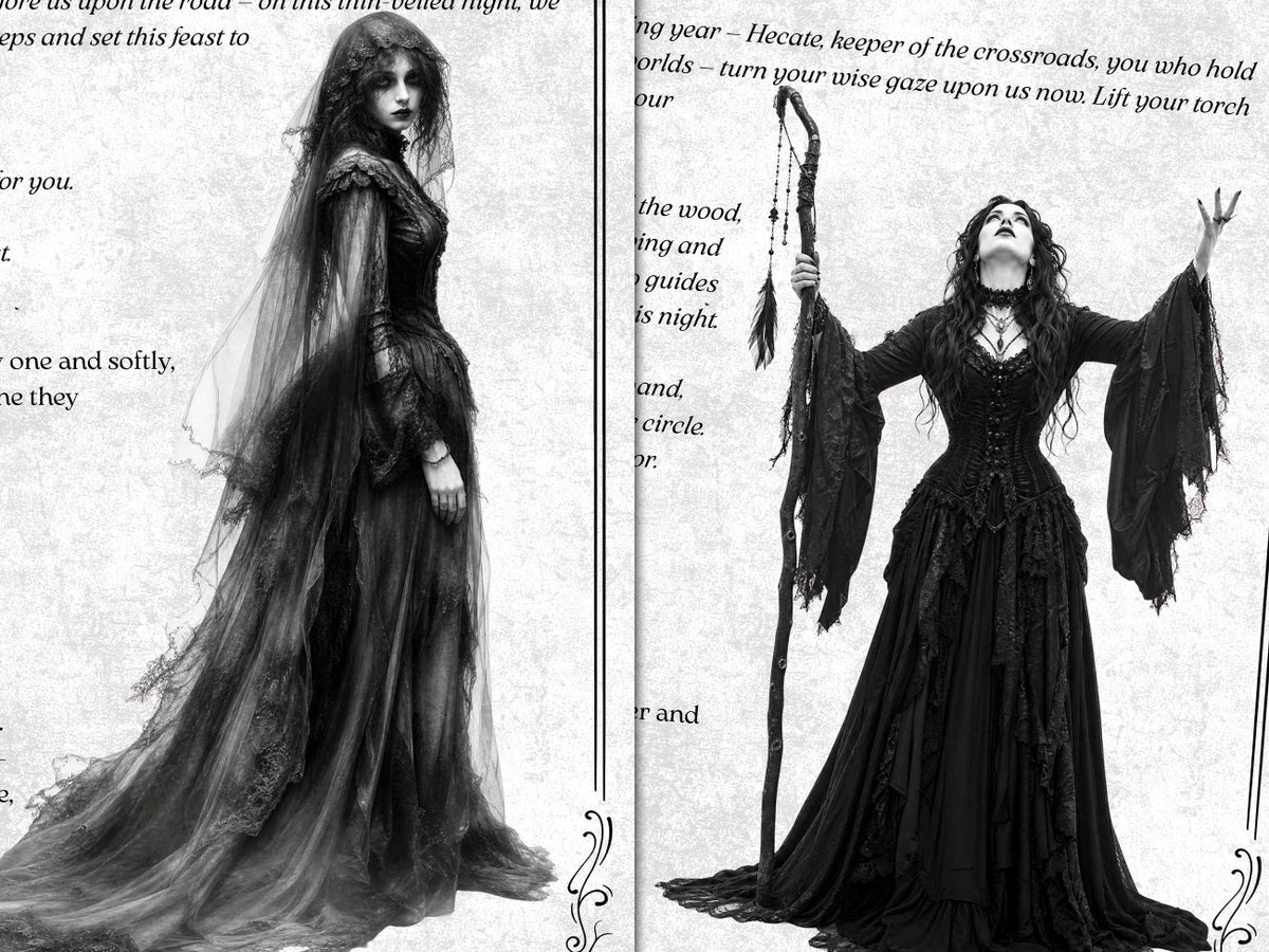 Two-page gothic book spread showing a veiled woman in a dark layered gown and a second woman raising a staff in a ritual pose, surrounded by fragmented ceremonial text and ornate borders.