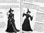 Two-page gothic ritual spread showing a witch with a broom on one page and a second witch in a raised-arm ritual pose on the other, surrounded by Samhain liturgy and ornate parchment-style borders.