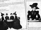 Overlapping antique-style pages showing four Victorian women gathered around a spirit board and a witchy scribe writing at a desk, with occult-inspired text and decorative borders.