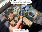 A hand holds four illustrated oracle cards from Seance Oracle Cards, showing card titles The Sacrifice, The Lantern, The Rook, and The Whispering Well. Text overlays read 'Complete Your Collection' and 'Seance Oracle Cards'.