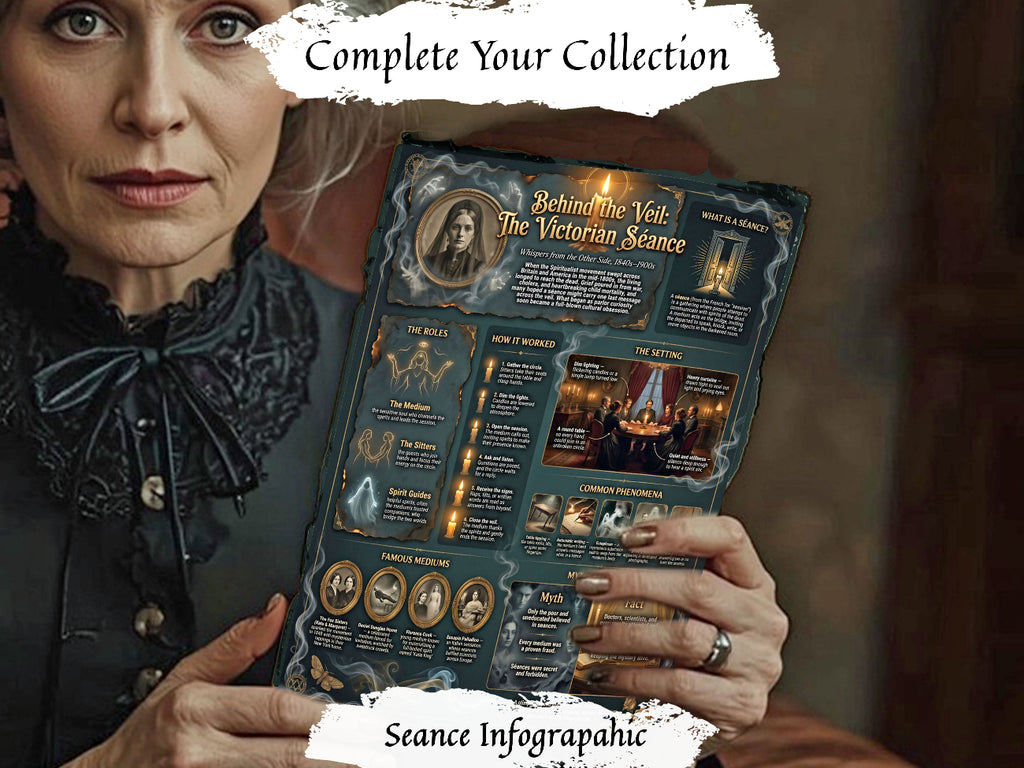 A woman in a Victorian-style dark dress holds up a detailed infographic poster titled 'Behind the Veil: The Victorian Seance' with decorative text banners reading 'Complete Your Collection' and 'Seance Infographic'.