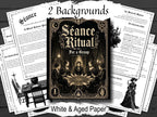 Promotional mockup for a gothic “Séance Ritual” guide, showing a central ornate cover surrounded by sample interior pages on white and aged-paper backgrounds, with Victorian occult illustrations and text overlays reading “2 Backgrounds” and “White & Aged Paper.”
