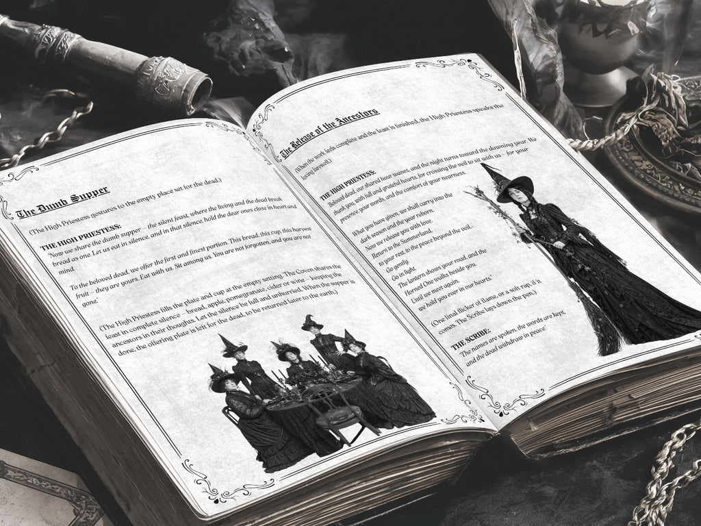 Open gothic ritual book featuring pages on the dumb supper and release of ancestors, with vintage black-and-white illustrations of witches, ornate borders, and moody ceremonial props in the background.