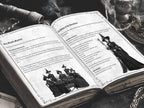 Open gothic ritual book featuring pages on the dumb supper and release of ancestors, with vintage black-and-white illustrations of witches, ornate borders, and moody ceremonial props in the background.