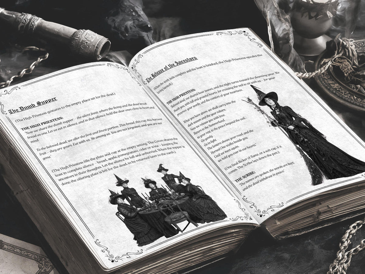 Open gothic ritual book featuring pages on the dumb supper and release of ancestors, with vintage black-and-white illustrations of witches, ornate borders, and moody ceremonial props in the background.