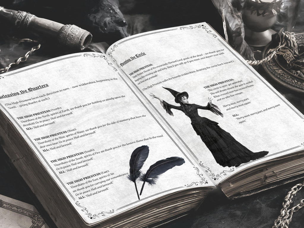 Open gothic ritual book showing pages on releasing the quarters and opening the circle, with a witch illustration, black feathers, ornate flourishes, and dark ceremonial objects surrounding the book.