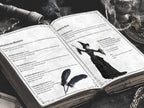 Open gothic ritual book showing pages on releasing the quarters and opening the circle, with a witch illustration, black feathers, ornate flourishes, and dark ceremonial objects surrounding the book.