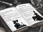 Open gothic ritual book featuring pages on grounding and post-ritual guidance, with vintage-style portraits of two Victorian women, ornate borders, and a dark, moody background with ceremonial objects.
