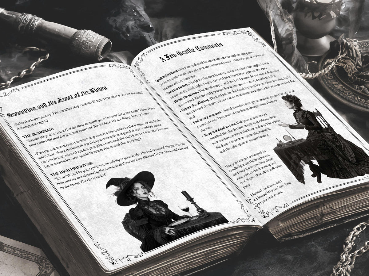 Open gothic ritual book featuring pages on grounding and post-ritual guidance, with vintage-style portraits of two Victorian women, ornate borders, and a dark, moody background with ceremonial objects.