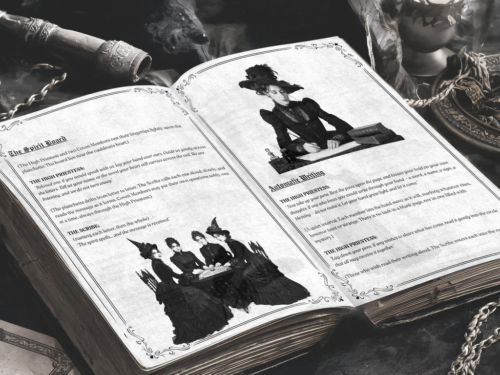 Open gothic ritual book showing pages on spirit board divination and automatic writing, with vintage black-and-white illustrations of women in Victorian dress, ornate page borders, and dark ritual props in the background
