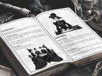 Open gothic ritual book showing pages on spirit board divination and automatic writing, with vintage black-and-white illustrations of women in Victorian dress, ornate page borders, and dark ritual props in the background