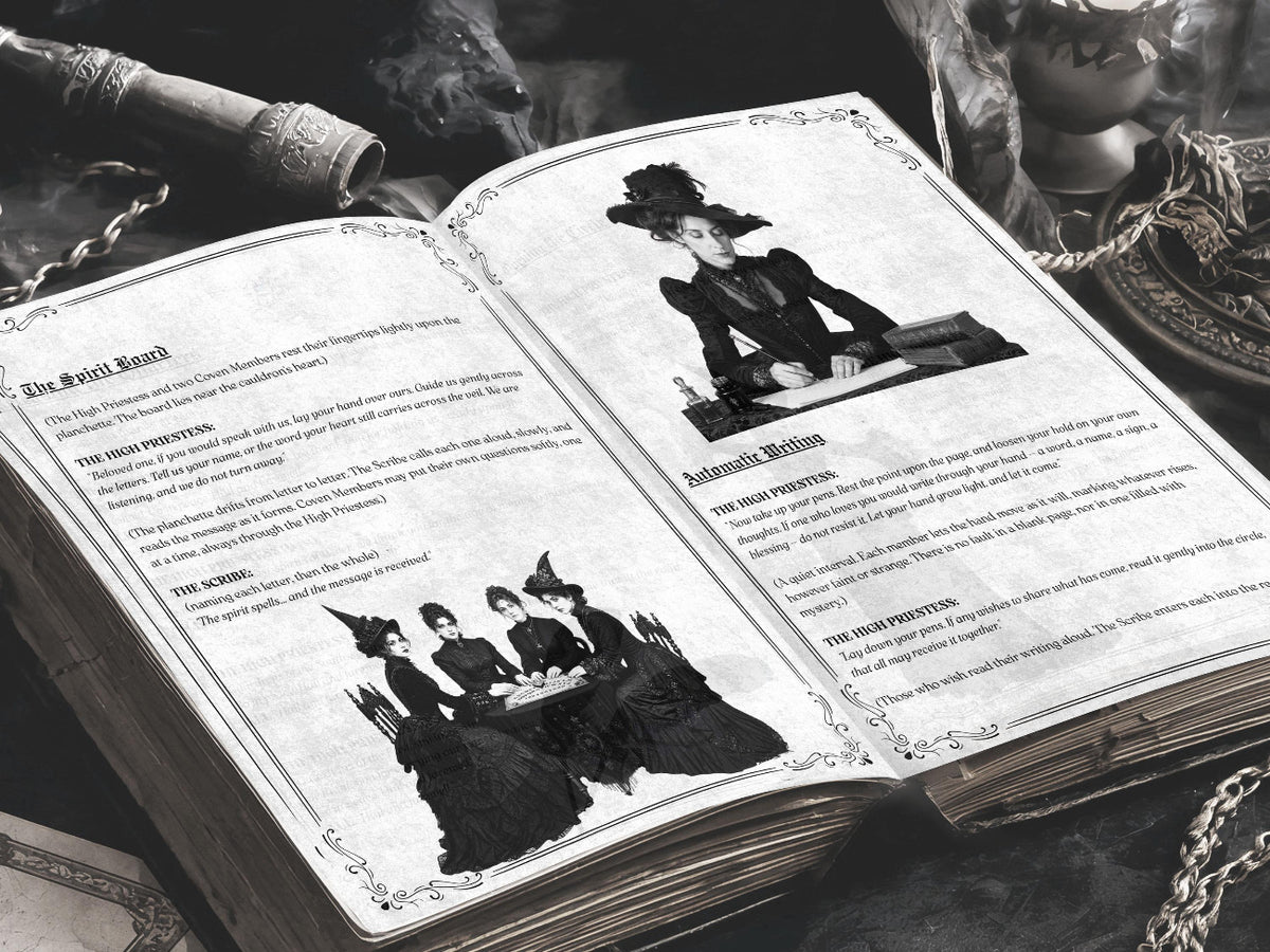Open gothic ritual book showing pages on spirit board divination and automatic writing, with vintage black-and-white illustrations of women in Victorian dress, ornate page borders, and dark ritual props in the background