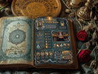 Victorian Seance infographic shown as a right page in an antique book of shadows with candle and roses, a vintage history digital download.
