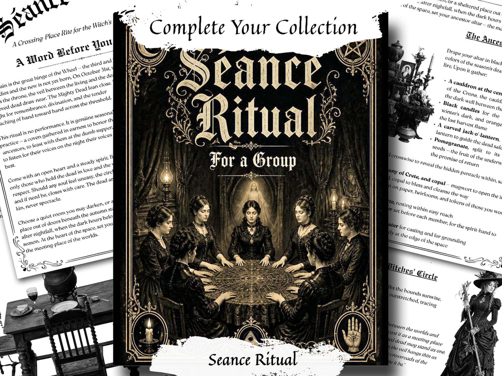 The front cover of the 'Seance Ritual For a Group' tabletop gaming supplement is displayed in the center, surrounded by overlapping pages of the 'Starter' guidebook and other printed material. The cover features a gothic, sepia-toned illustration of three women in black robes gathered around a table, with ornate decorative borders and the title 'Seance Ritual' in large gothic lettering.