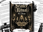 The front cover of the 'Seance Ritual For a Group' tabletop gaming supplement is displayed in the center, surrounded by overlapping pages of the 'Starter' guidebook and other printed material. The cover features a gothic, sepia-toned illustration of three women in black robes gathered around a table, with ornate decorative borders and the title 'Seance Ritual' in large gothic lettering.