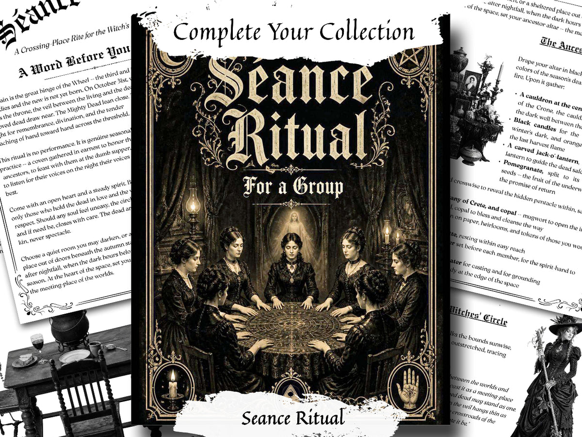 The front cover of the 'Seance Ritual For a Group' tabletop gaming supplement is displayed in the center, surrounded by overlapping pages of the 'Starter' guidebook and other printed material. The cover features a gothic, sepia-toned illustration of three women in black robes gathered around a table, with ornate decorative borders and the title 'Seance Ritual' in large gothic lettering.