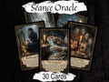 A set of occult-themed oracle cards titled 'Séance Oracle' arranged on a dark textured background, with three cards fully visible and the backs of two additional cards fanned behind them. Text overlays read 'Séance Oracle' at the top and '30 Cards' at the bottom.