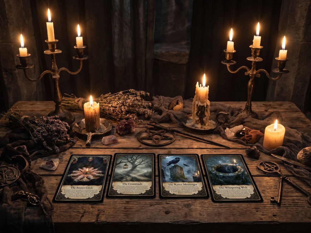 Four tarot cards are laid out on a rustic wooden table surrounded by lit candles, dried flowers, crystals, and occult-themed props in a dark, moody setting.