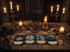 Four tarot cards are laid out on a rustic wooden table surrounded by lit candles, dried flowers, crystals, and occult-themed props in a dark, moody setting.