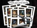 Six printed pages with four oracle cards per page,  shown with a pair of scissors on a dark textured background and the text 'Print on Card Stock' at the top.