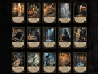 A 15-card deck displayed in a 3x4 grid on a dark textured background. Each card features a moody, gothic illustration with a title such as The Forbidden, The Stone Guest, The Rapping Kink, The Weeping Witch, The Soul Guide, The Death Reaper, The Crimson Rose, The Rotten Cemetery, The Origin Board, The Candle Flame, The Hourglass, and The Empty Tomb.
