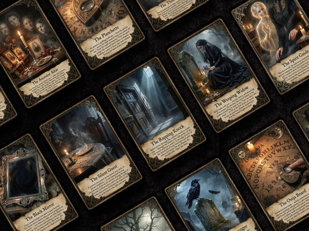 A set of gothic-themed illustrated cards arranged diagonally on a dark textured background. The cards feature moody, vintage-style artwork with titles such as The Ancestor Altar, The Planchette, The Weeping Widow, The Shroud Guest, The Black Mirror, The Spirit Ghost, and The Ouija Board, with ornate aged paper borders and dark fantasy illustrations.