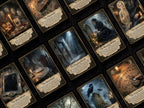 A set of gothic-themed illustrated cards arranged diagonally on a dark textured background. The cards feature moody, vintage-style artwork with titles such as The Ancestor Altar, The Planchette, The Weeping Widow, The Shroud Guest, The Black Mirror, The Spirit Ghost, and The Ouija Board, with ornate aged paper borders and dark fantasy illustrations.