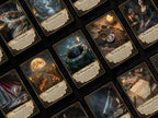 A close-up, angled view of a card deck featuring fantasy and mystery themed cards with illustrated artwork and text panels on a dark background.