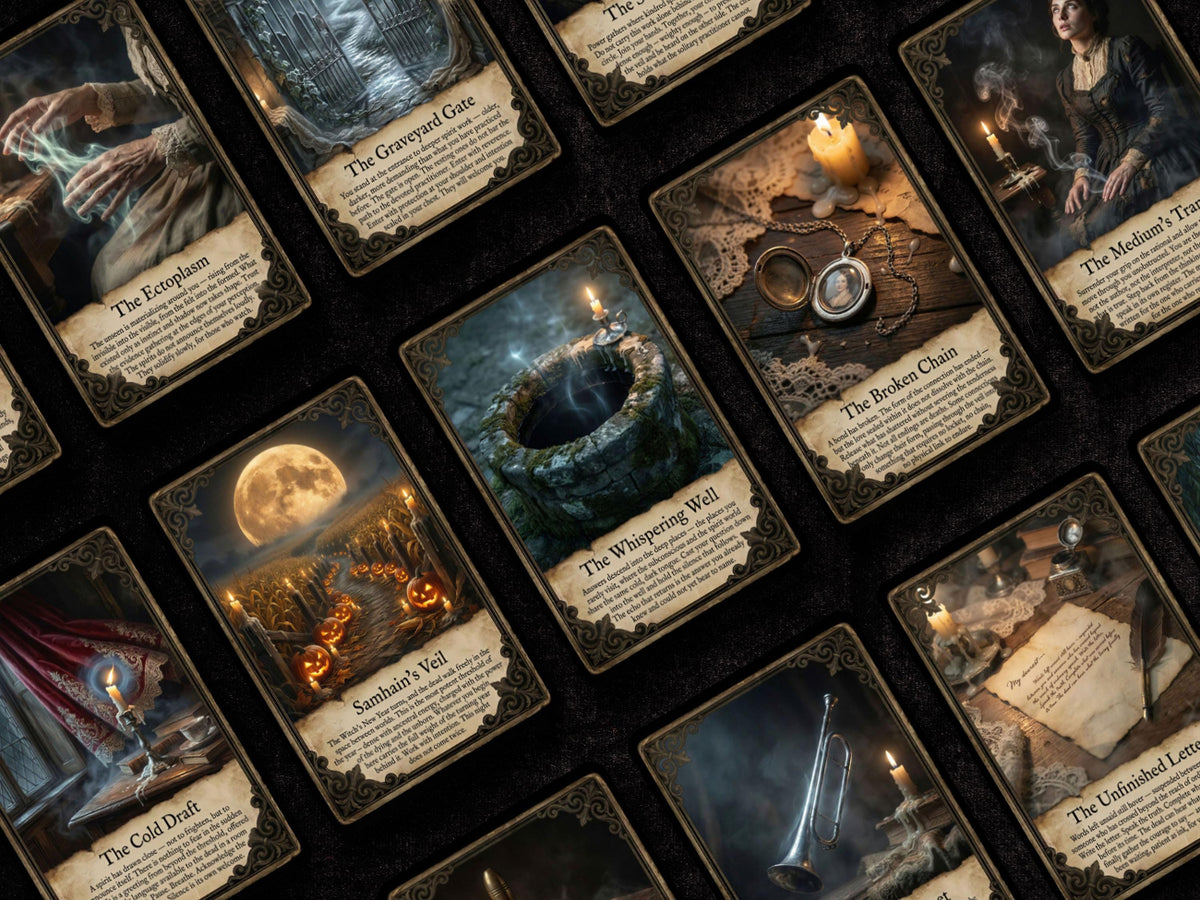 A close-up, angled view of a card deck featuring fantasy and mystery themed cards with illustrated artwork and text panels on a dark background.