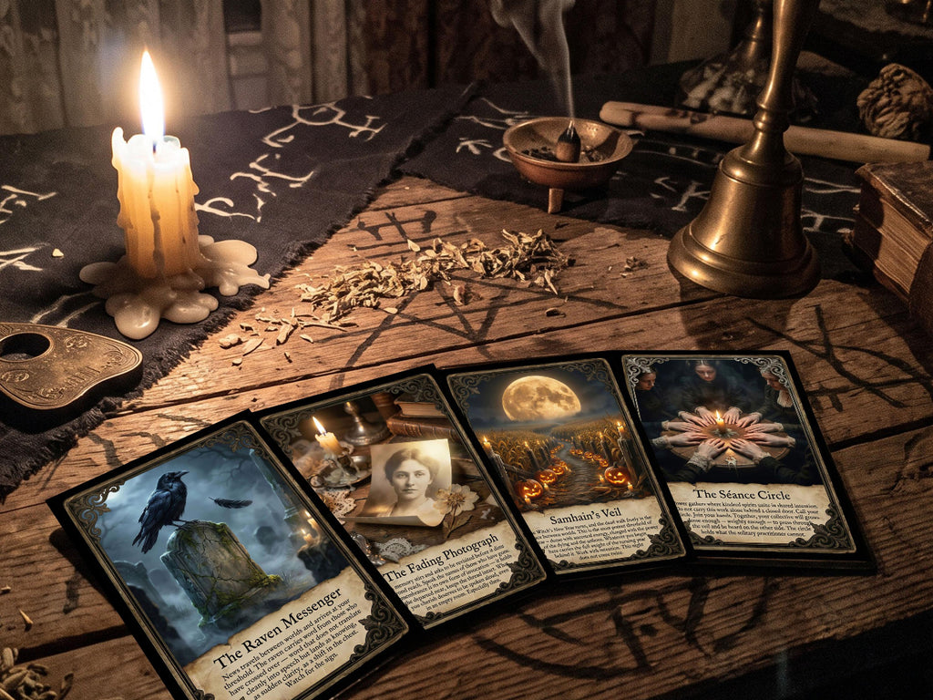 Four illustrated oracle or tarot-style cards are laid out on a rustic wooden table beside lit candles, dried herbs, a brass bell, and occult-style markings. The cards show dark fantasy and gothic imagery, including a raven, a portrait, a moonlit landscape, and a seance.