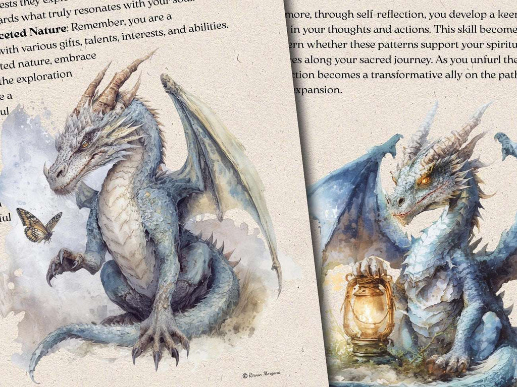 Two closeups of illustrations of dragons on a textured paper background with text.