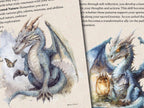 Two closeups of illustrations of dragons on a textured paper background with text.