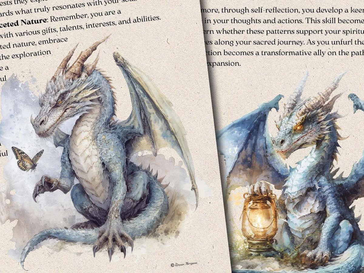 Two closeups of illustrations of dragons on a textured paper background with text.