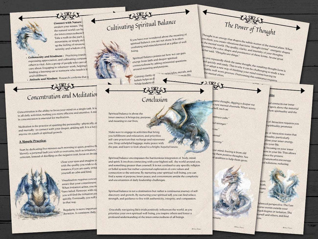 Set of educational pages on spiritual balance, with dragon illustrations and text on a wooden surface