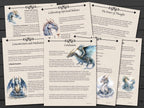 Set of educational pages on spiritual balance, with dragon illustrations and text on a wooden surface