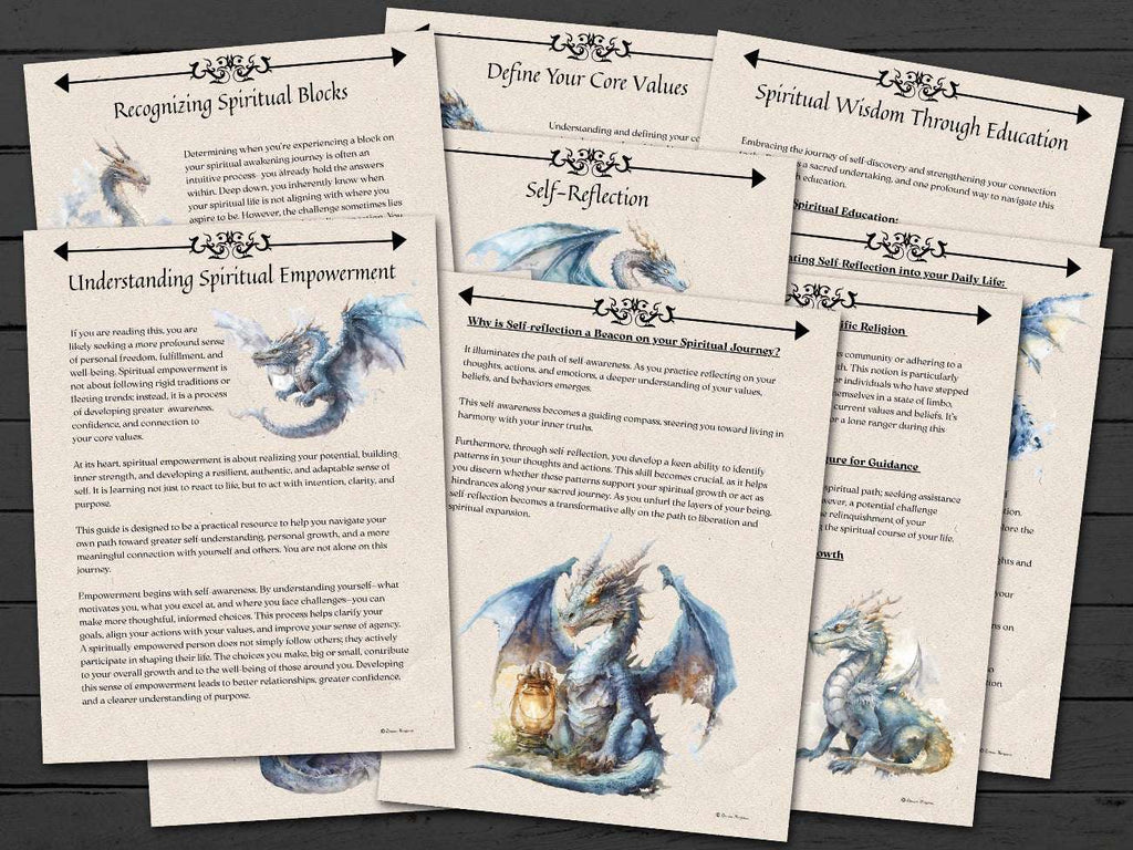 Set of educational pages on spiritual wisdom, with dragon illustrations on a wooden surface