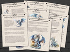 Set of educational pages on spiritual wisdom, with dragon illustrations on a wooden surface
