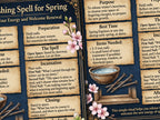 Magical spellbook page for a 'Banishing Spell for Spring' with text and illustrations on a blue background.