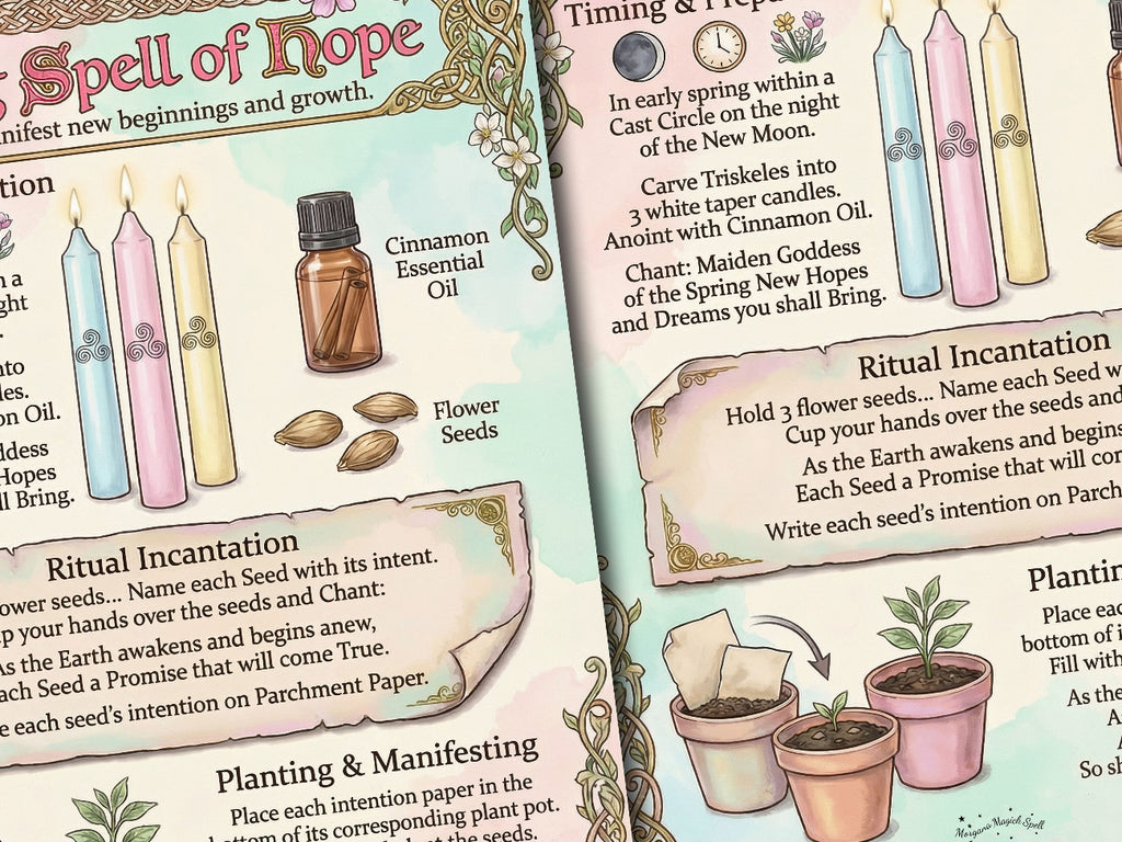 Magical spellbook pages with herbs, candles, and plants on a white background