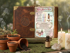 Open book with magical spellbook pages, candles, and plants on a green surface.