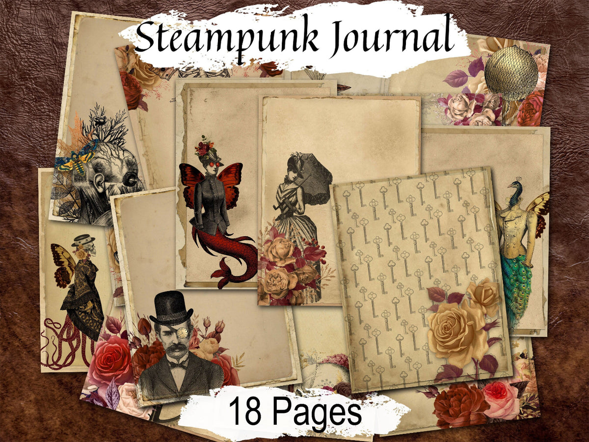 Steampunk-themed journal with illustrations and text on a brown leather background