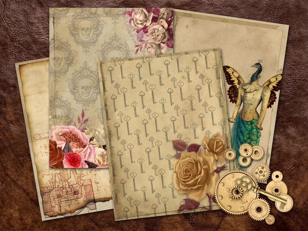 A vintage-style scrapbook paper or craft collage set featuring multiple layered sheets with antique floral designs, skeleton keys, gears, wings, and aged parchment textures arranged on a brown leather-like background.