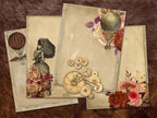 A vintage-style scrapbook paper or craft collage set featuring multiple layered sheets with antique floral designs, flying machines, gears, keys, and victorian ladies arranged on a brown leather-like background.