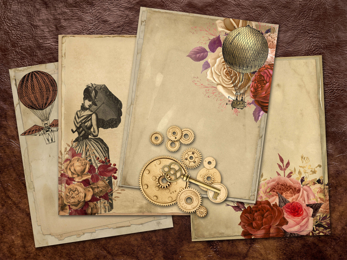A vintage-style scrapbook paper or craft collage set featuring multiple layered sheets with antique floral designs, flying machines, gears, keys, and victorian ladies arranged on a brown leather-like background.